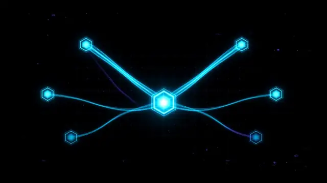 Hexagon nodes joined by threads of cyan light of different weights, a bright node at the centre and one thin violet thread fading out.