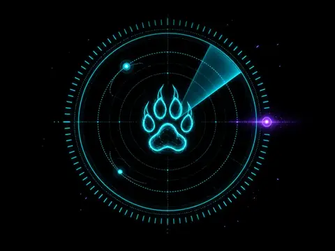 A radar scope drawn in thin cyan light with a sweeping wedge, a ghost paw print at its centre and three points, the farthest one violet and drifting outward.